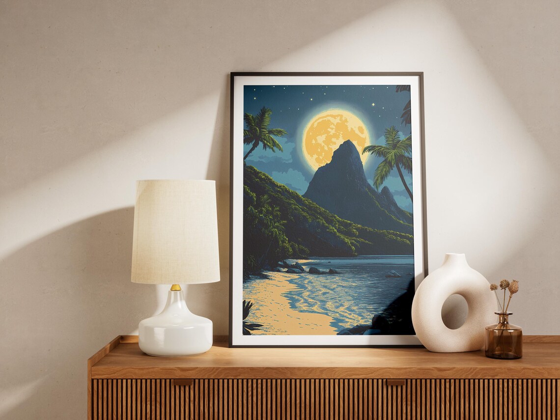 National Park of American Samoa Moonlit Beach Palm Peak Night Art Poster - Image 4