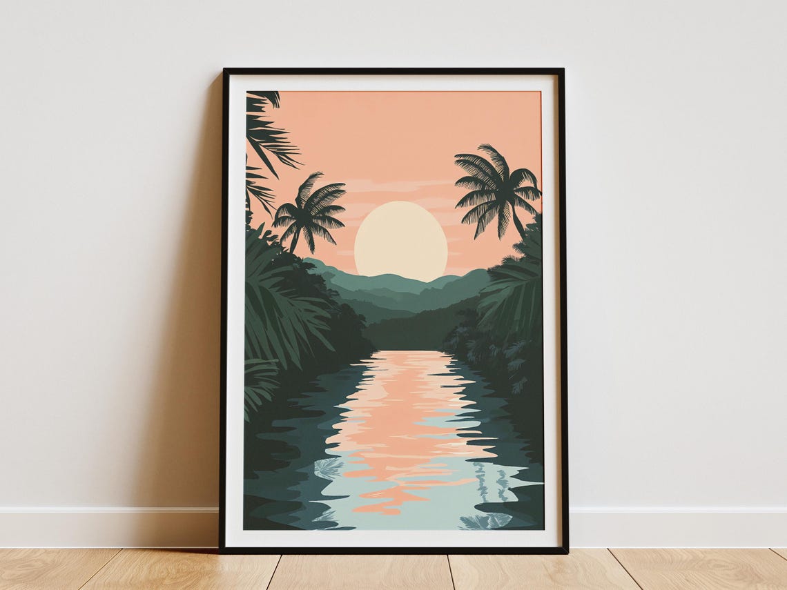 Palawan Philippines Sunset River Between Dark Palm Trees Poster