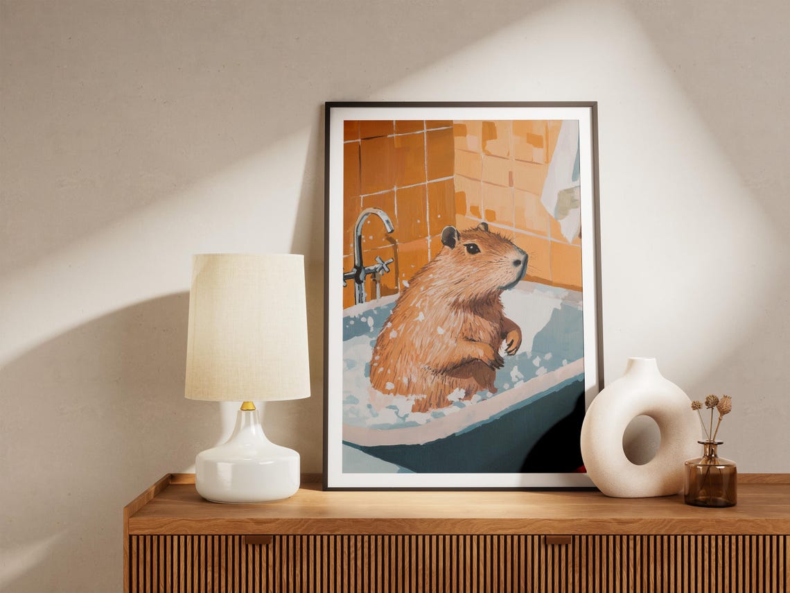 Capybara in Bathtub Orange Tile Bathroom Funny Animal Poster - Image 5