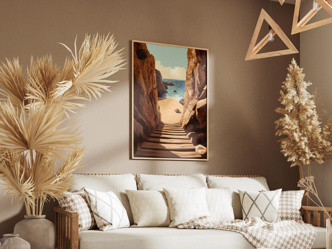 Wooden Staircase Through Red Cliffs to a Hidden Ocean Beach Poster - Image 3