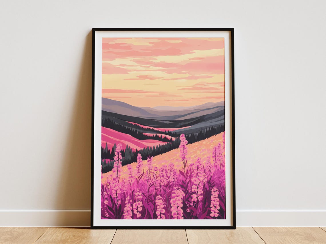 Pink Fireweed Valley Sunset Landscape Poster with Mountain View