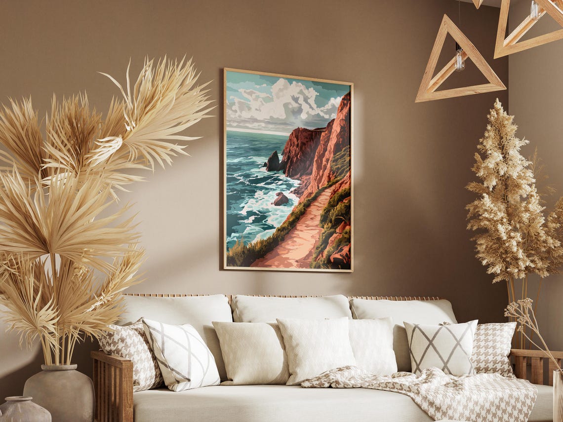 Red Rock Cliffside Trail Above Turquoise Ocean Illustration Poster - Image 3