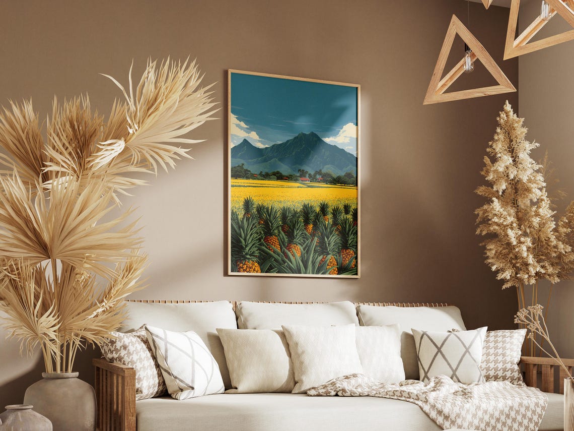 Pineapple Field Hawaii Tropical Mountain Landscape Vintage Poster - Image 3