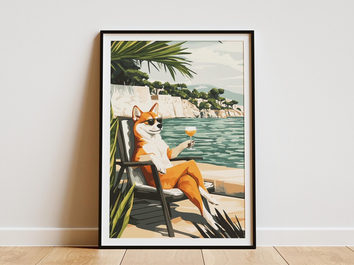 Cool Shiba Inu In Sunglasses Lounging With Cocktail Sea Poster
