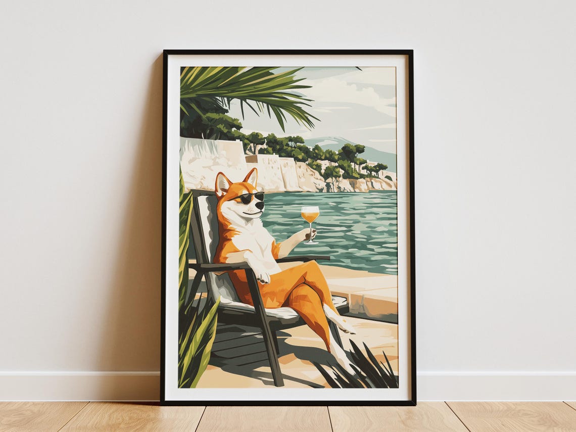 Shiba Inu Beach Poster Dog Art Print Summer Vacation Coastal Dog Cute Shiba Inu Funny Dog Modern Dog Art Pet Lover Gift Dog Lover Gift
