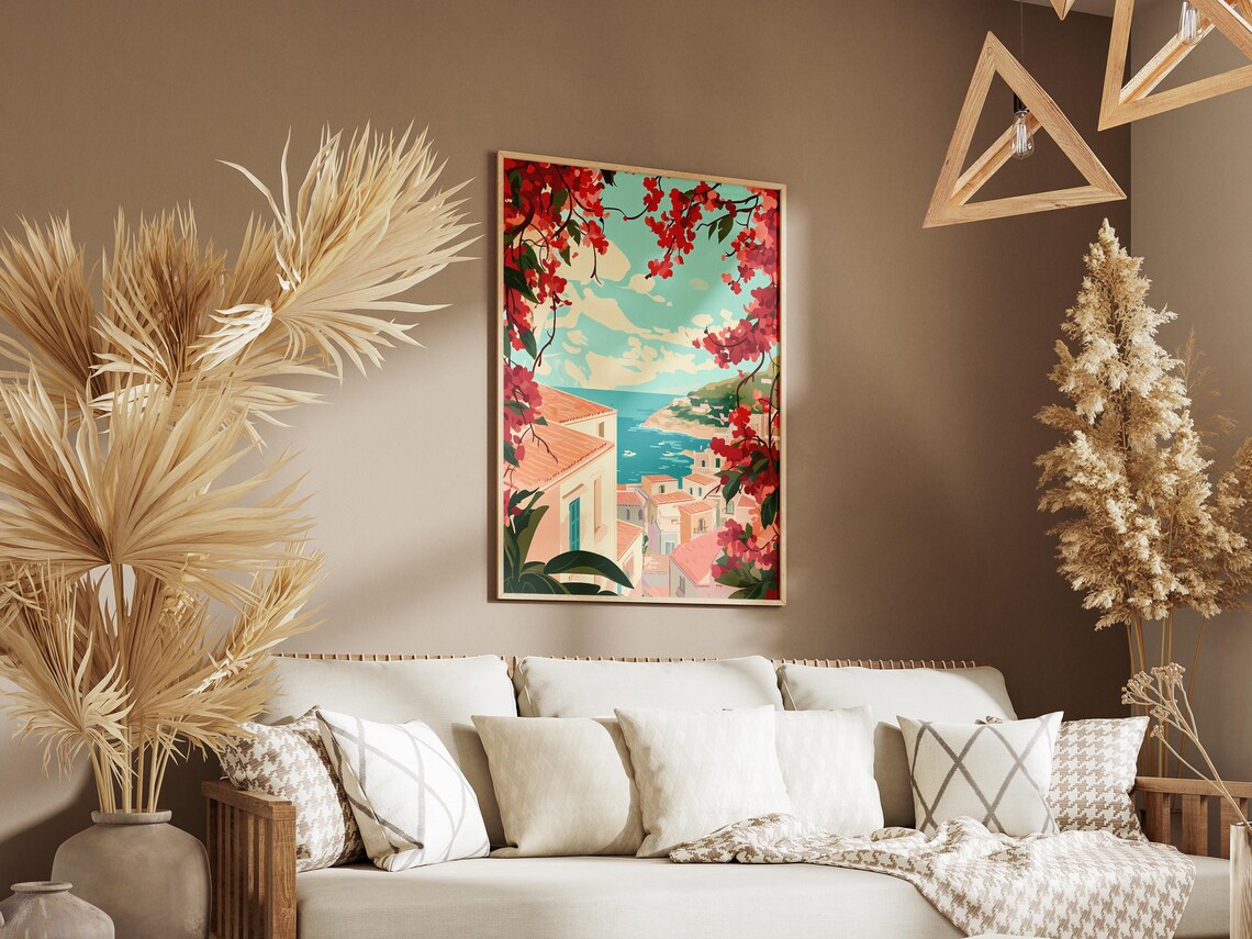 Mediterranean Coastal Town Print Italian Seaside Village Poster Pink Flower Art Bougainvillea Decor Summer Vacation Print Travel Poster - Image 3