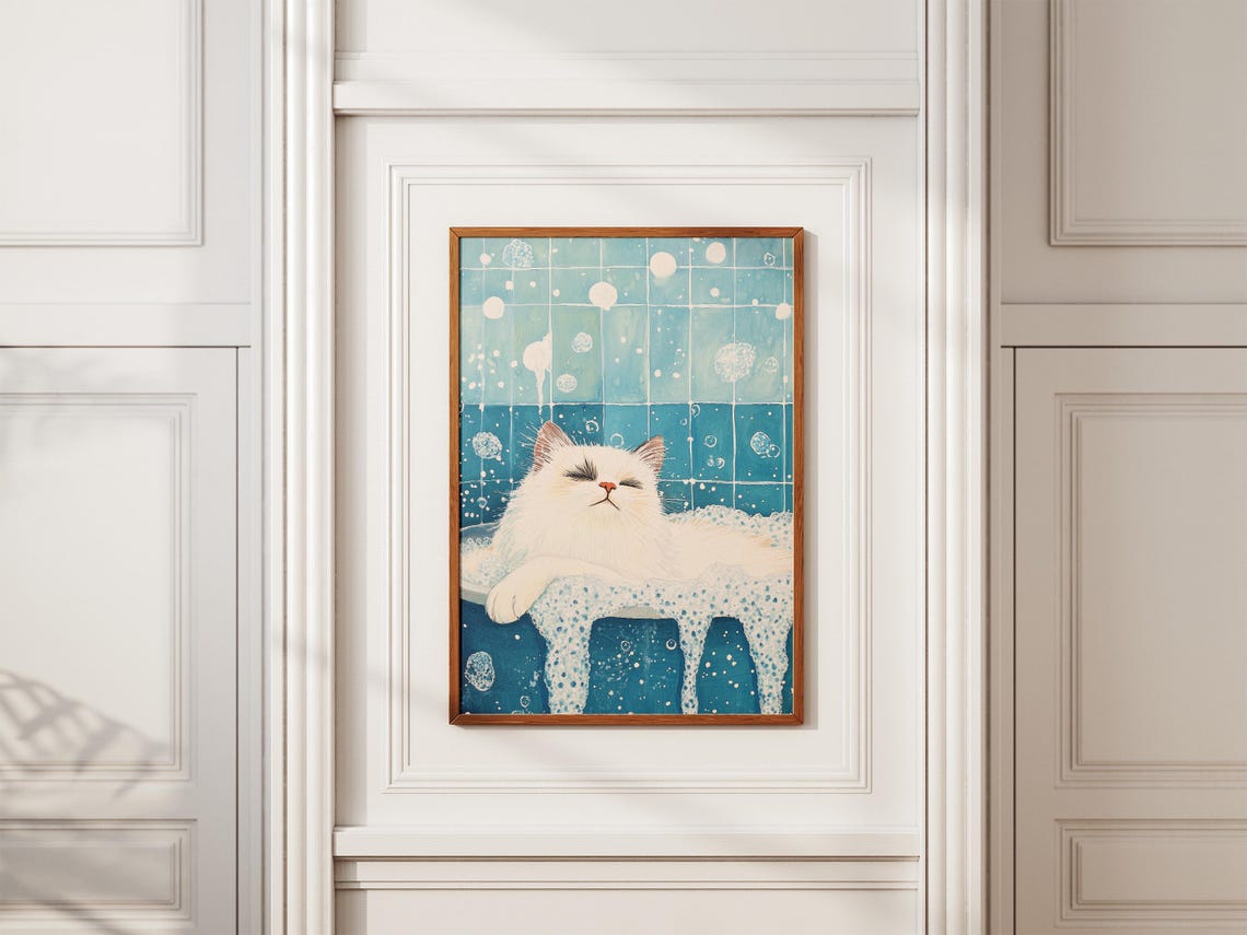 Ragdoll Cat In Bathtub Poster Bathroom Art Print Funny Lover Gift Pet Portrait Whimsical Decor Soapy Water - Image 2
