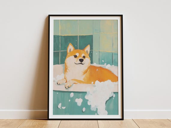 Shiba Inu Dog Bath Time Poster Print Cute Wall Art Bathroom Decor Funny Animal Lover Gift In Tub Canine