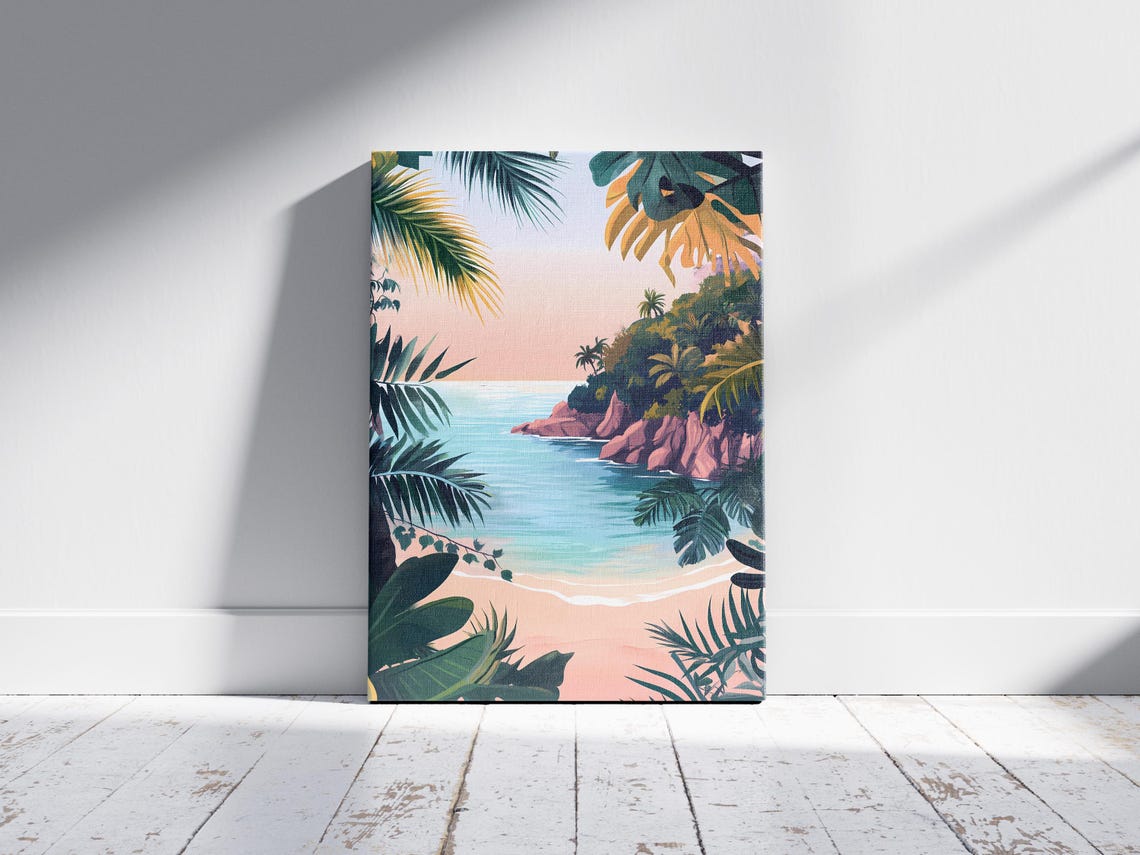 Hidden Tropical Cove Palm Leaves Turquoise Sea Calm Coastal Wall Art - Image 2