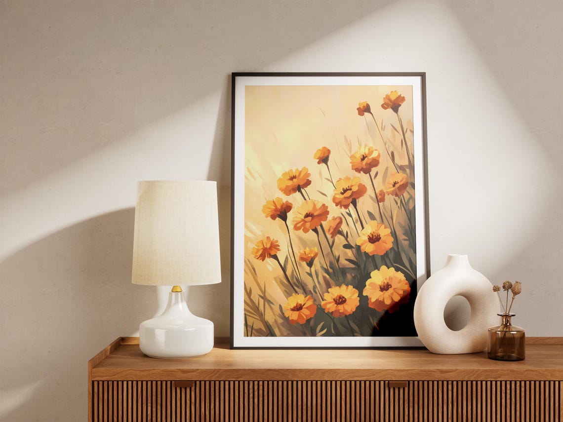 Golden Orange Marigold Flowers Poster in a Warm Backlit Meadow - Image 5