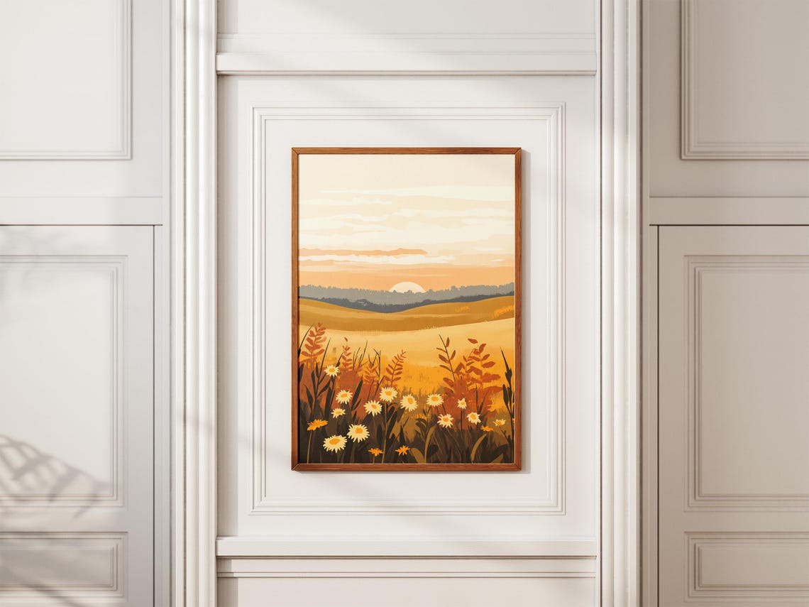 Sunrise Daisy Meadow Rolling Amber Hills Soft Landscape Poster - Image 2