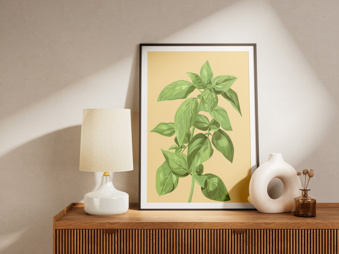 Fresh Basil Plant Cream Background Botanical Kitchen Decor Poster - Image 2