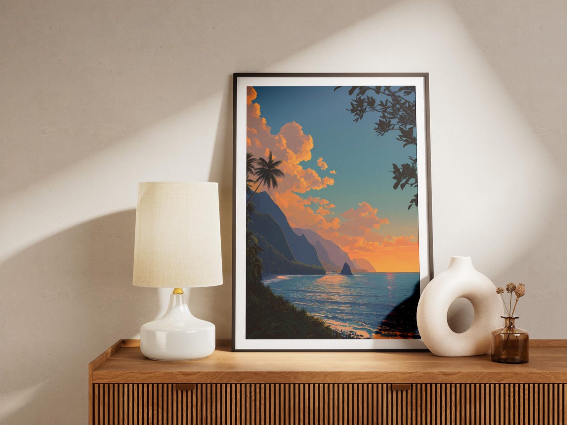 Molokai Sunset Dramatic Orange Clouds Over Ocean Coastline Poster - Image 4