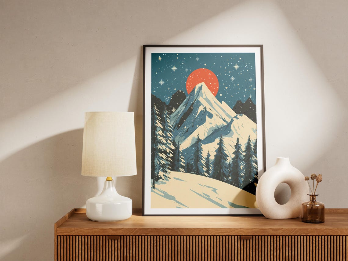 Giant Red Sun Over Snowy Mountain Peak Starry Teal Night Poster - Image 5