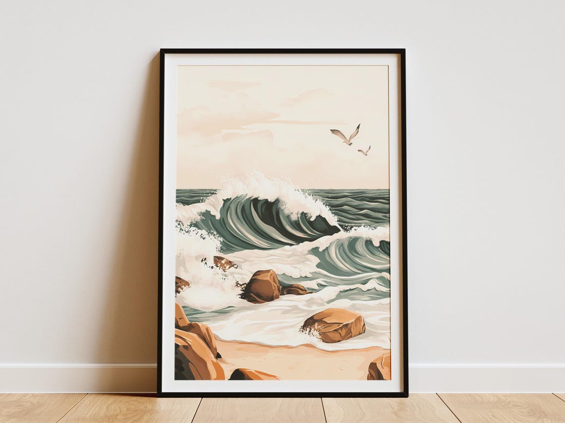 Ocean Wave Crashing On Rocky Coast With Seagulls Coastal Poster