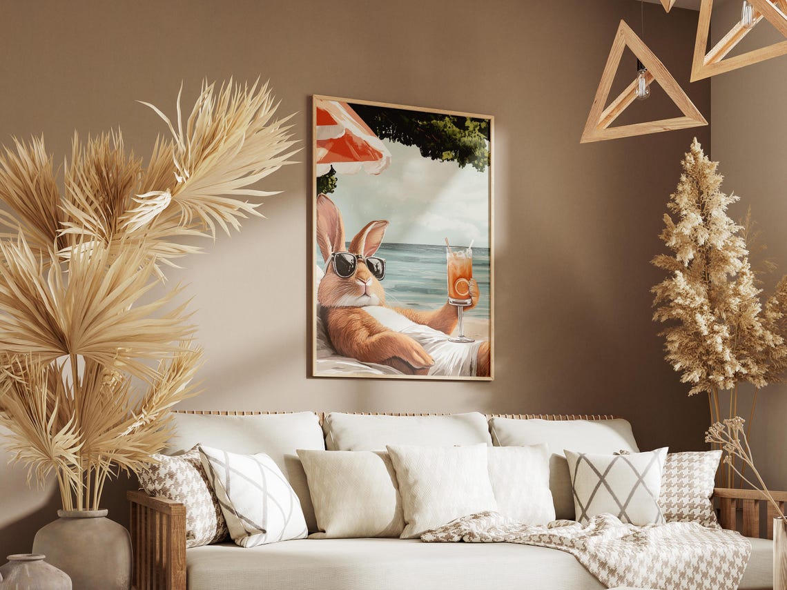 Rabbit In Sunglasses Sipping Cocktail Under Beach Umbrella Poster - Image 3