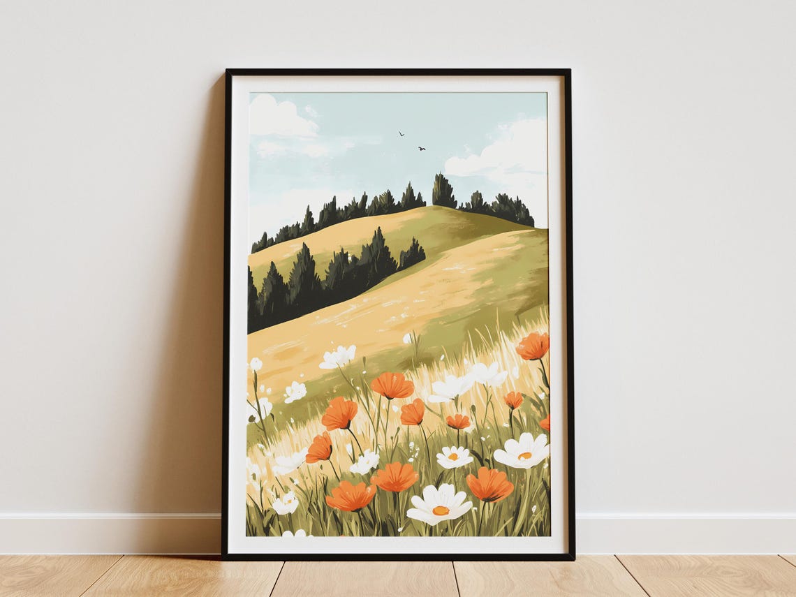 Spring Wildflower Hillside Orange Poppies Daisies Meadow Art Poster