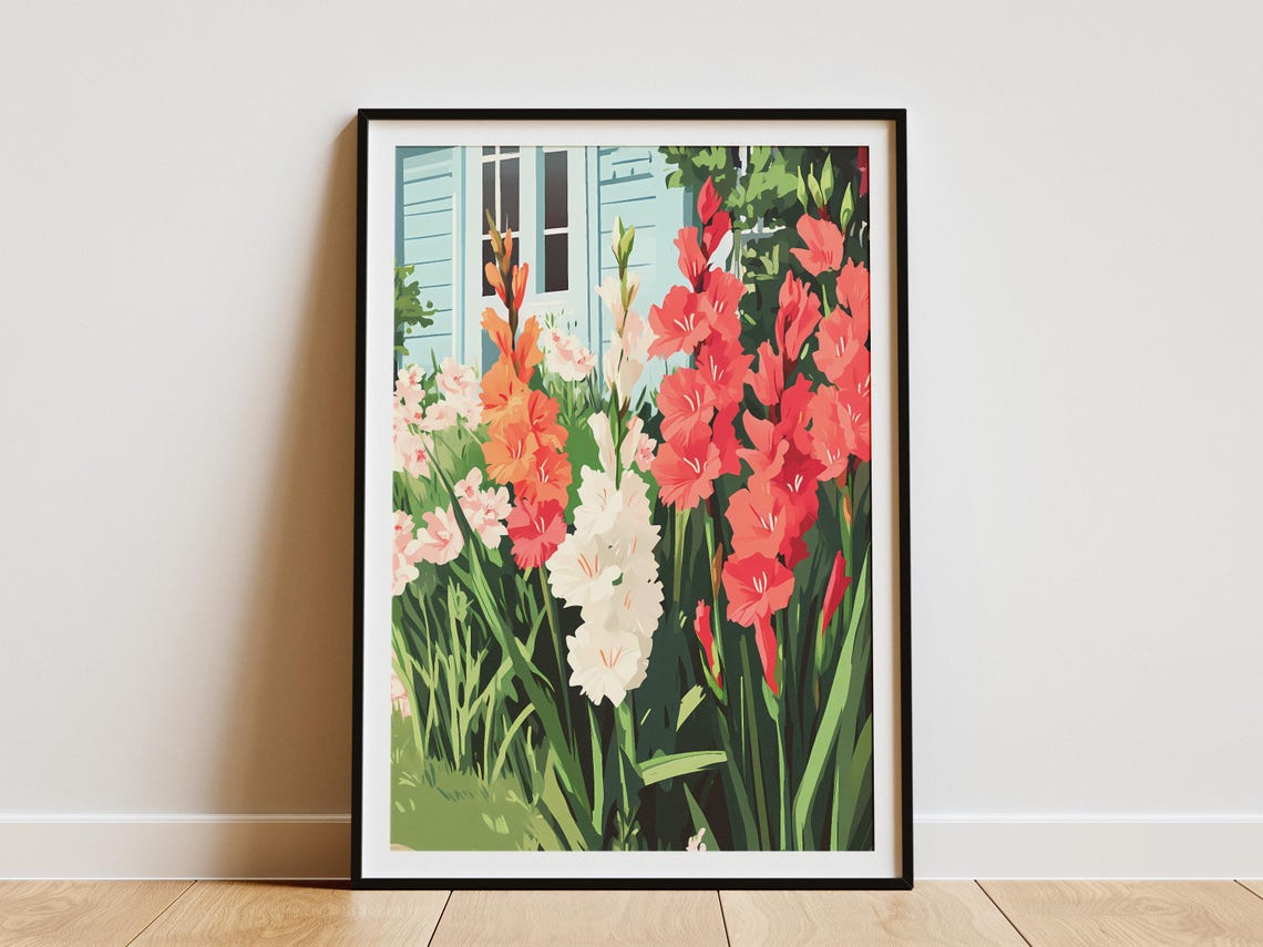 Gladiolus Garden Red Orange White Summer Blooms Cottage Poster
