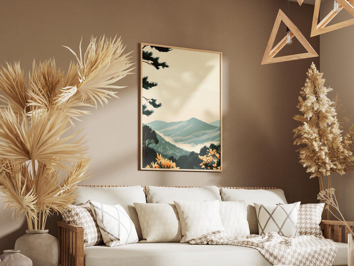 Misty Blue Mountain Ridges Yellow Wildflowers Pine Branch Poster - Image 3