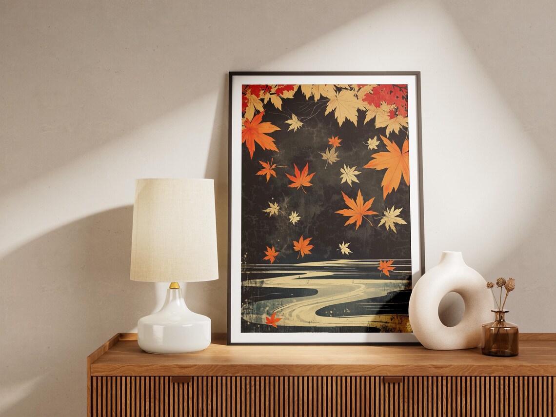 Autumn Maple Leaves, Japanese River Landscape Art Print - Image 5