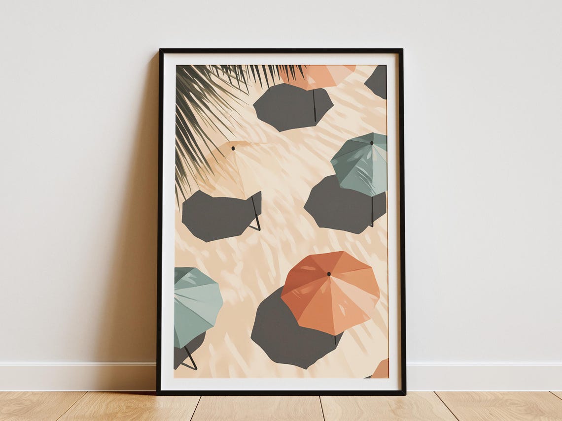 Aerial View of Beach Umbrellas and Long Shadows on Sand Poster