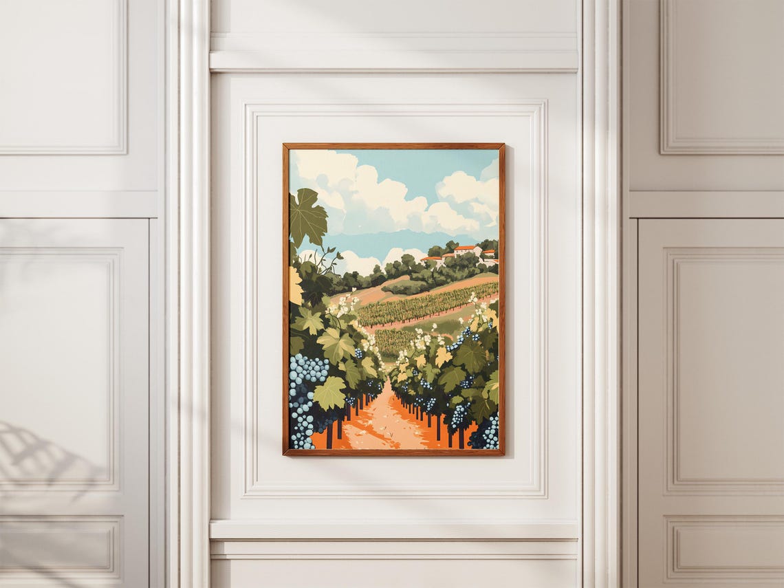Sunlit Vineyard Hillside With Grape Vines And Hilltop Winery Poster - Image 2