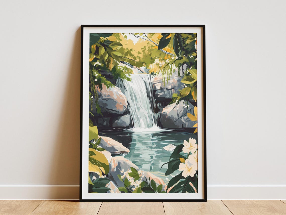 Tropical Jungle Waterfall with White Flowers and Grey Rocks Poster