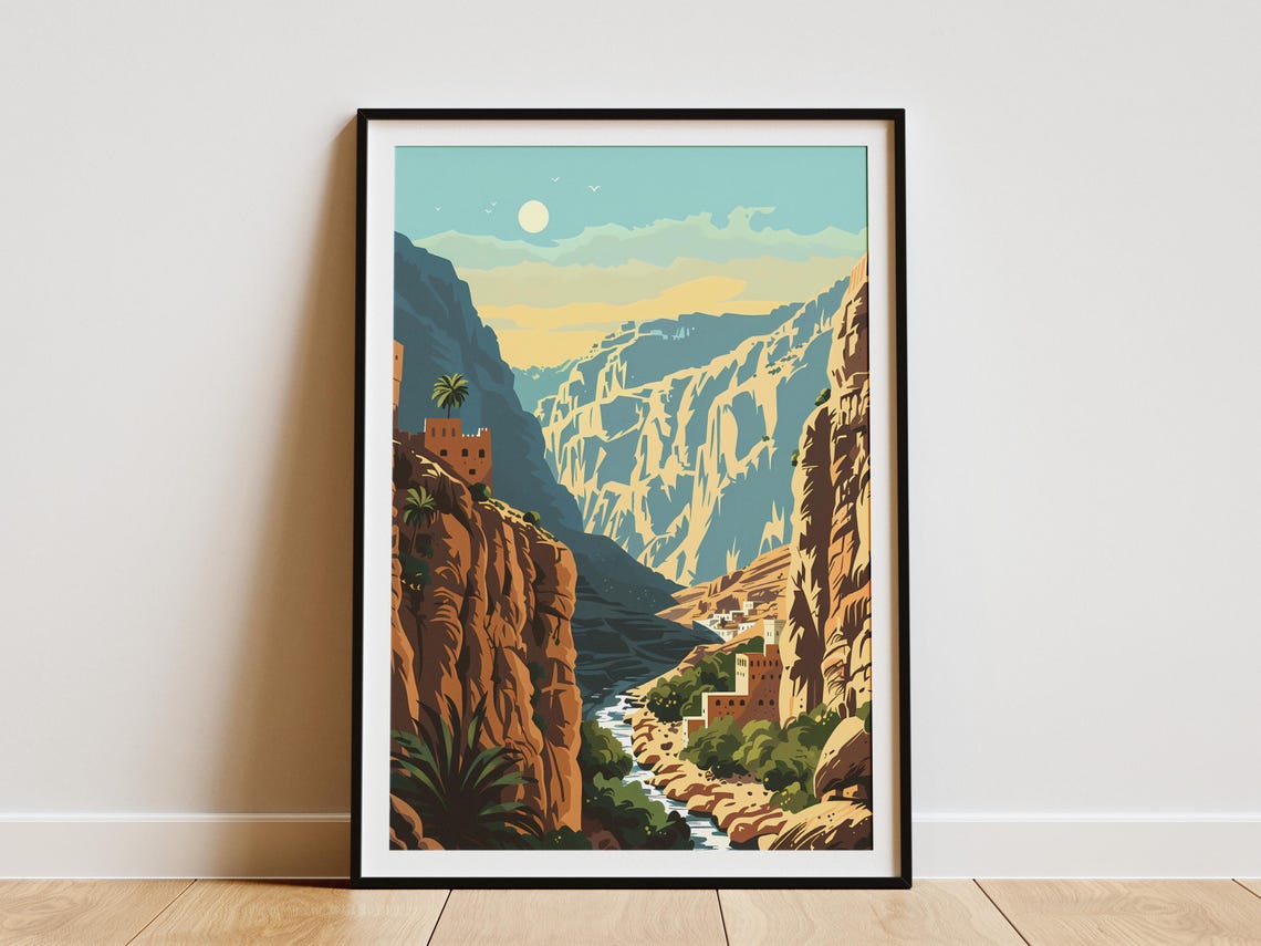 Jebel Akhdar Oman Mountain Canyon Moonlit Vintage Travel Poster