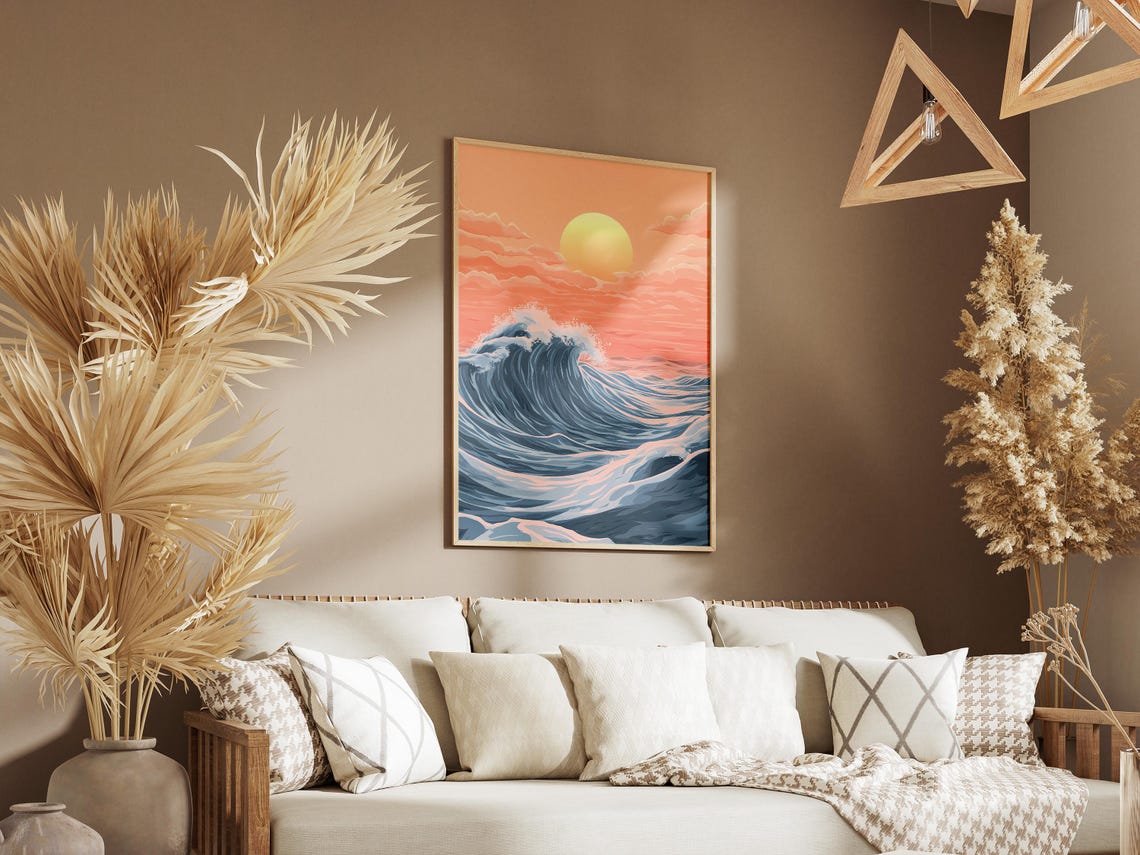 Curling Blue Ocean Wave Beneath a Glowing Pink Sunset Sky Poster - Image 3