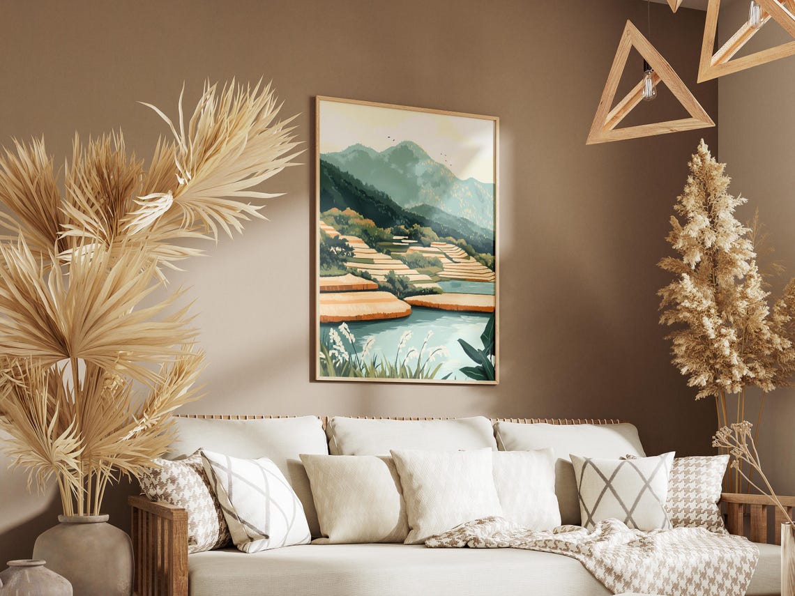 Green Rice Terraces Paddies Misty Mountains Daytime Scenic Poster - Image 3