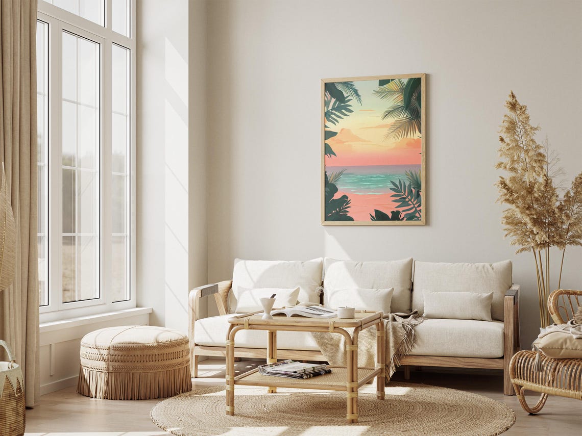Tropical Beach Sunset Framed By Green Palm Leaves In Pink Poster - Image 4