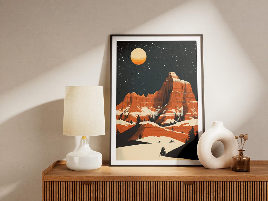 Badlands Snowy Orange Striped Buttes Under Full Moon Night Poster - Image 5