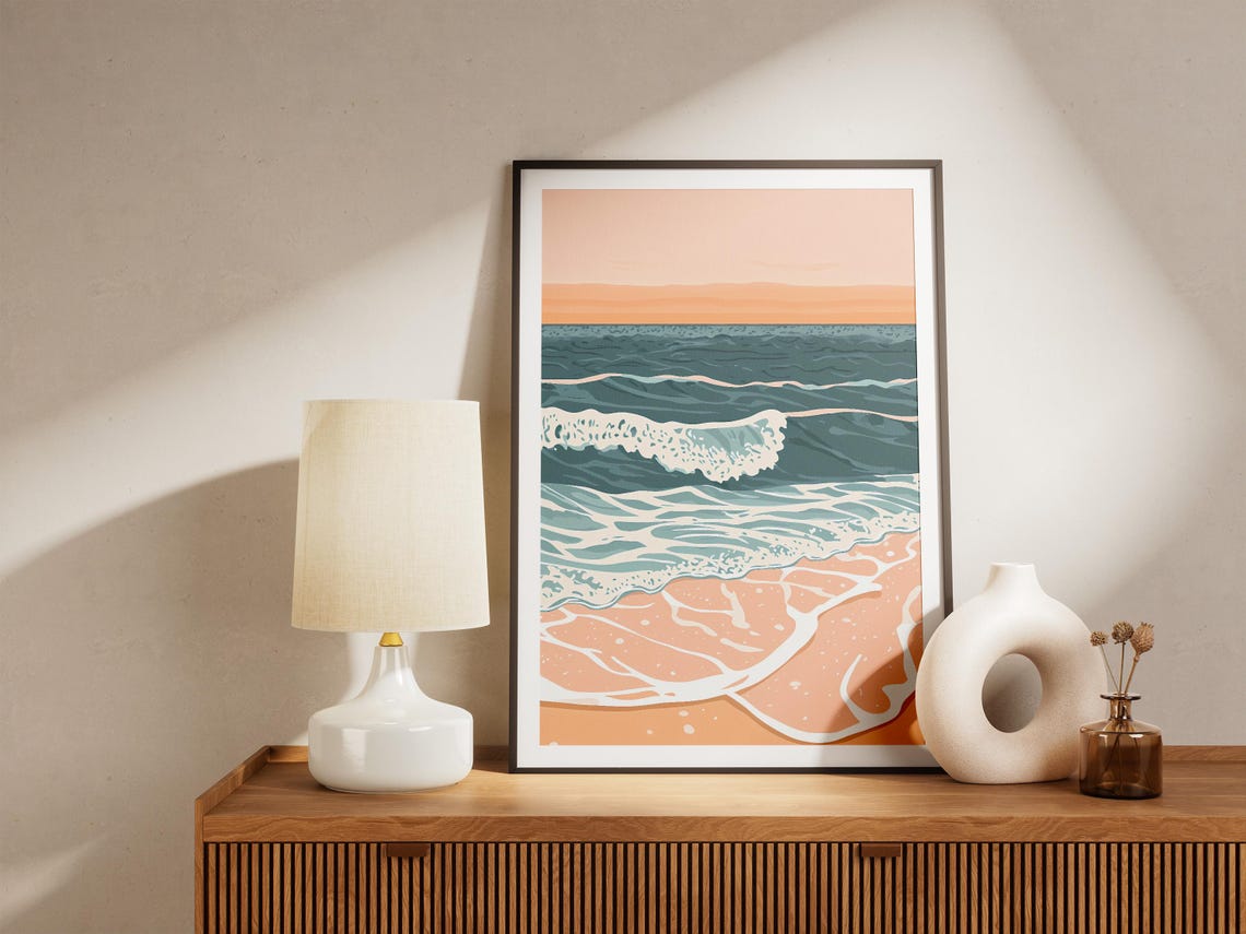 Sunset Ocean Waves Breaking on Shore Beach Summer Coastal Wall Art - Image 4