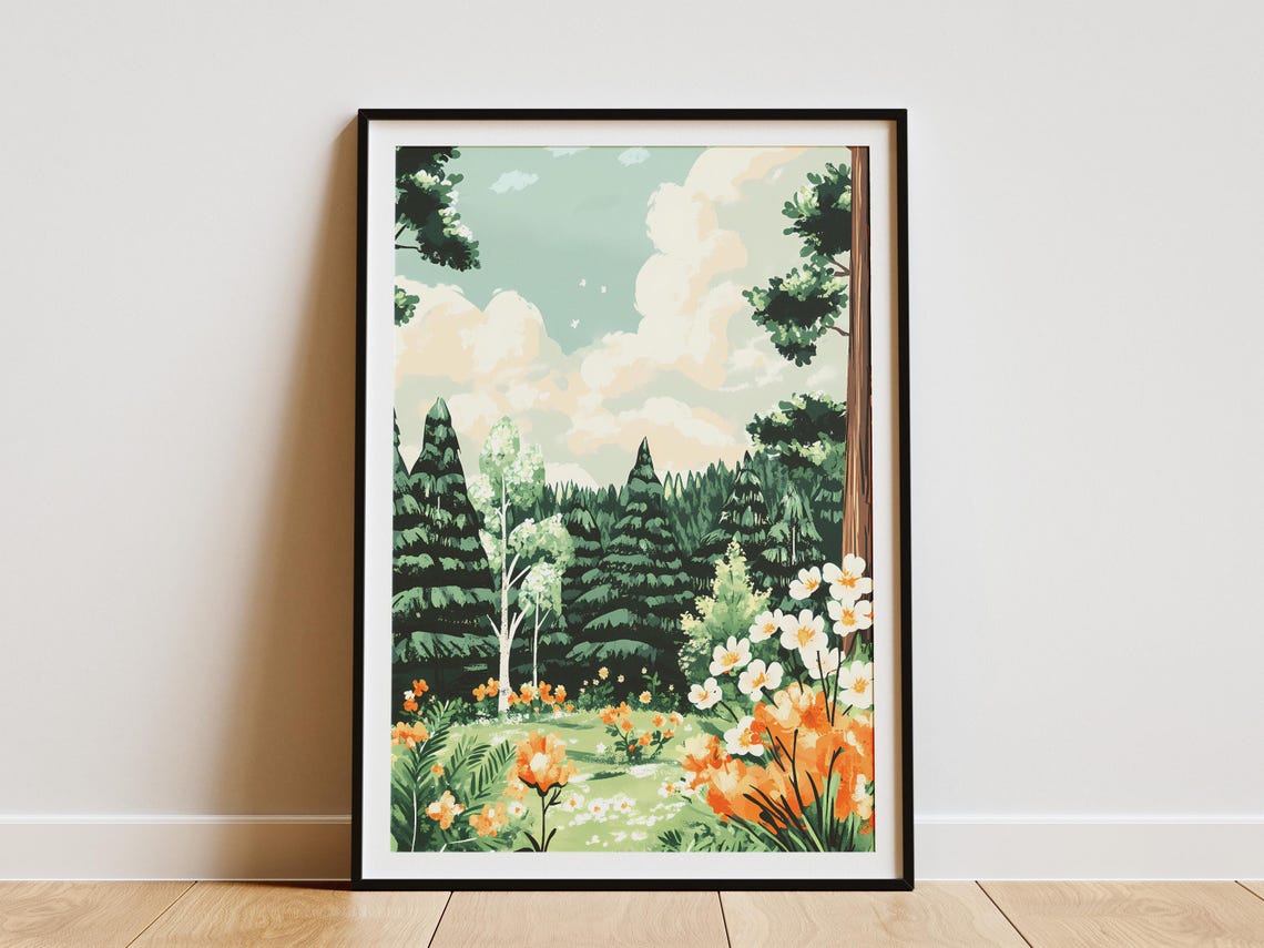 Pine Forest Meadow with Bright Orange Poppies and Blue Sky Poster