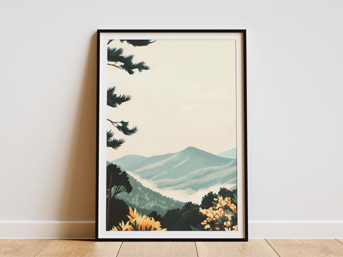 Misty Blue Mountain Ridges Yellow Wildflowers Pine Branch Poster