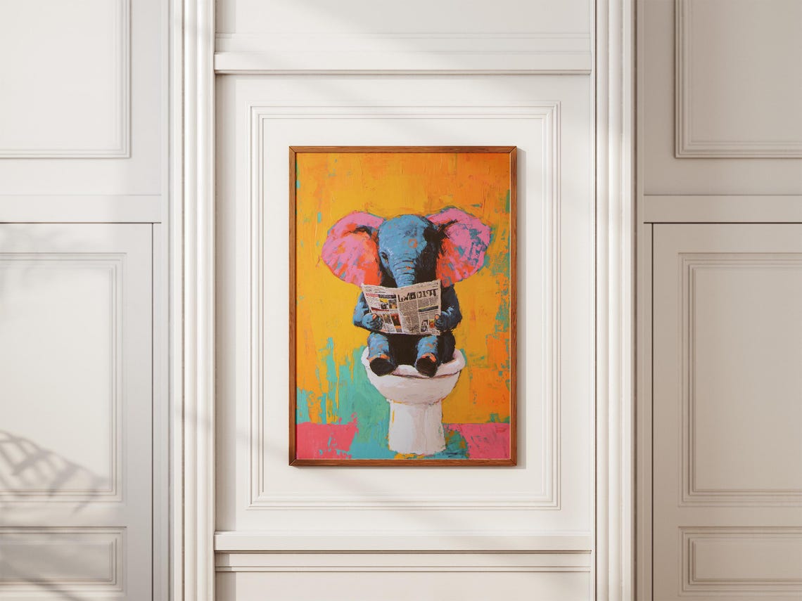 Baby Elephant on Toilet Reading Newspaper Colorful Funny Poster - Image 2