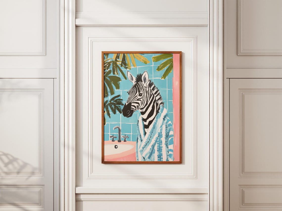 Zebra Wearing Blue Bathrobe Palm Leaf Tile Bathroom Fun Poster - Image 2