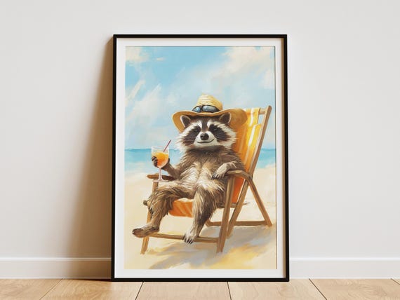 Summer Beach Raccoon Art Print Cute Animal Poster Funny In Chair Relaxing Wildlife Illustration Coastal Decor