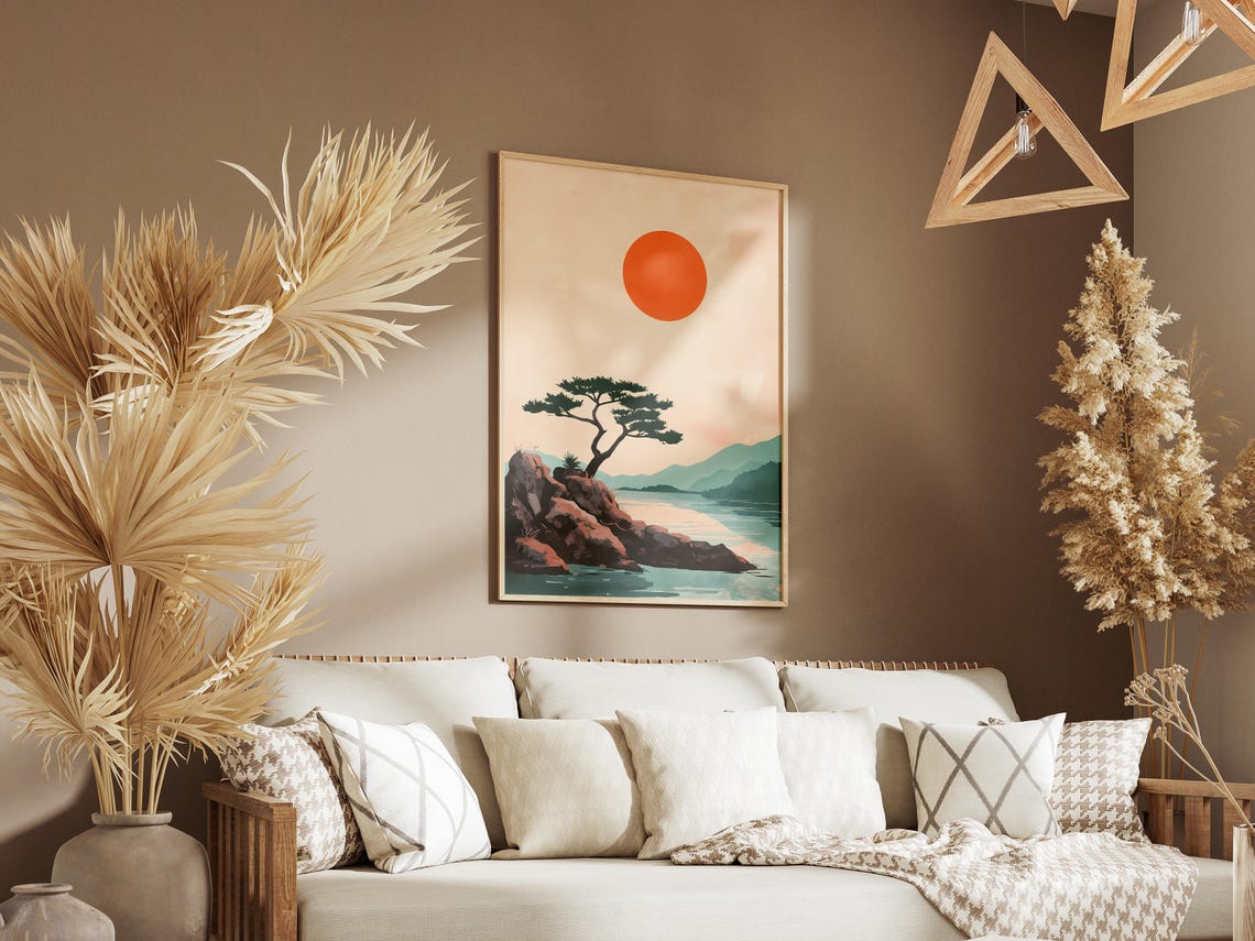 Japanese Pine On Rocky Shore Under Red Sun Minimalist Poster - Image 3