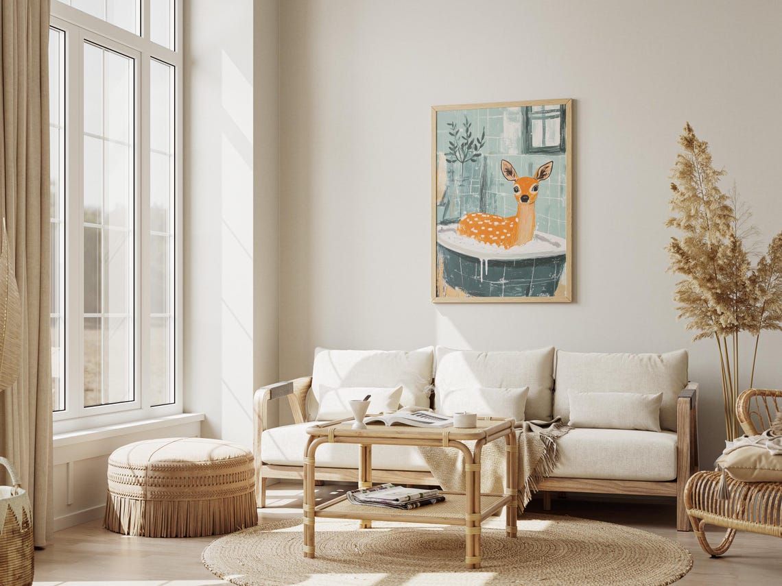 Cute Deer Fawn Bathtub Bubbles Whimsical Modern Bathroom Animal Poster - Image 3