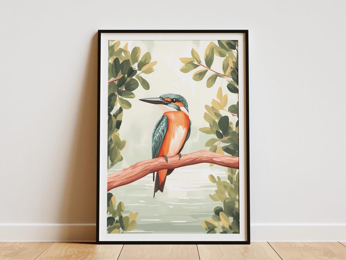 Kingfisher Perched on a Branch Over Water Coastal Bird Poster