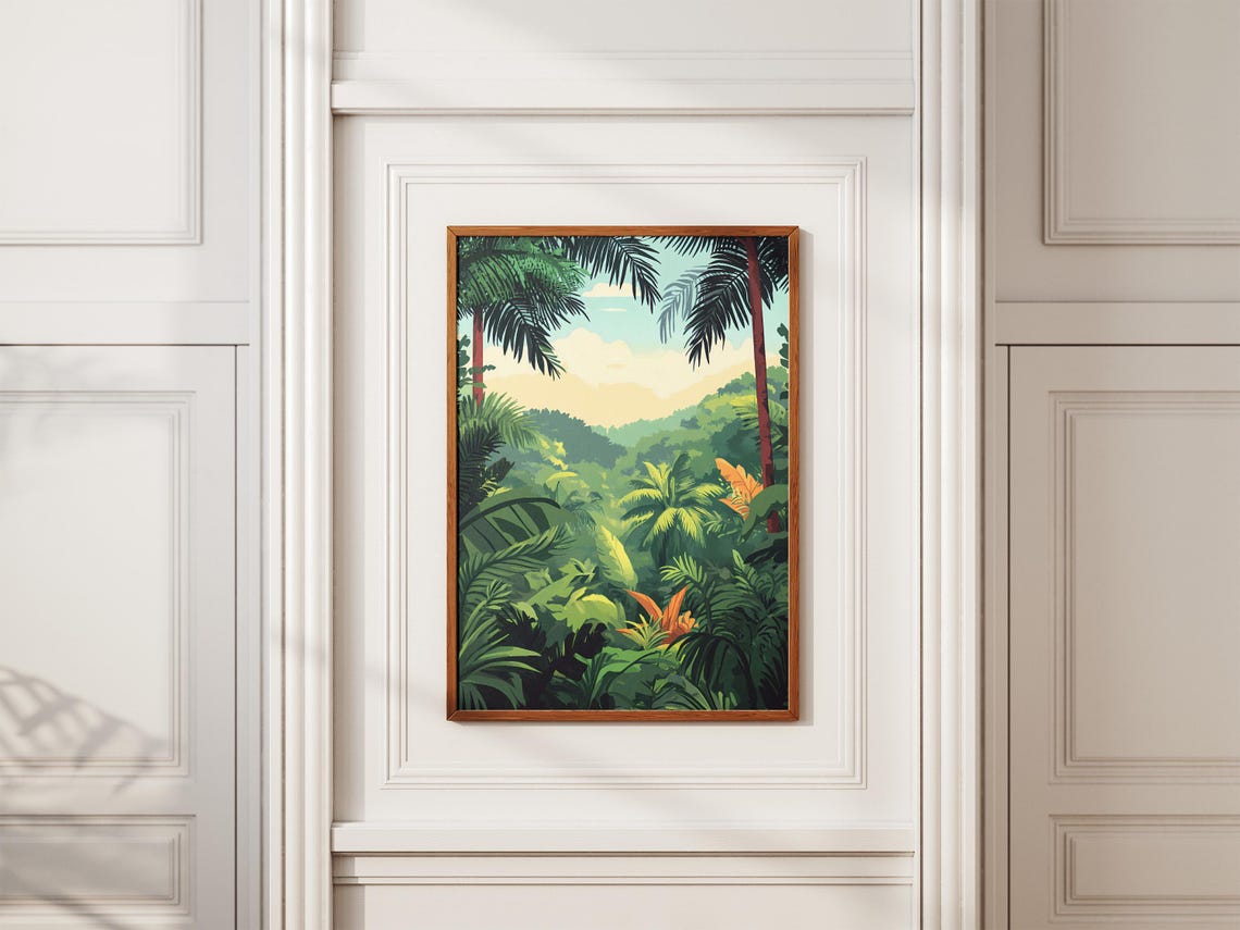 Lush Tropical Rainforest with Palm Trees Illustration Art Poster - Image 2
