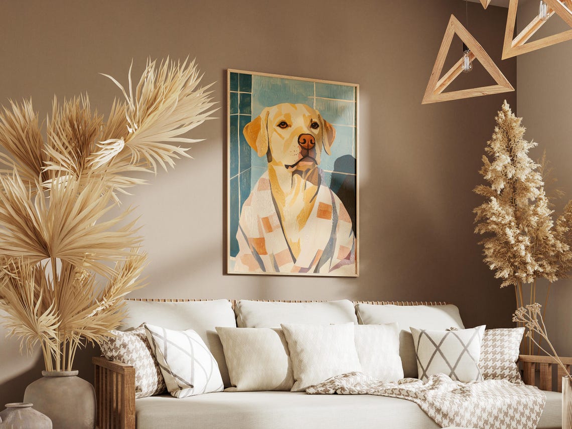 Labrador Retriever in Patchwork Bathrobe Cozy Dog Art Poster - Image 3