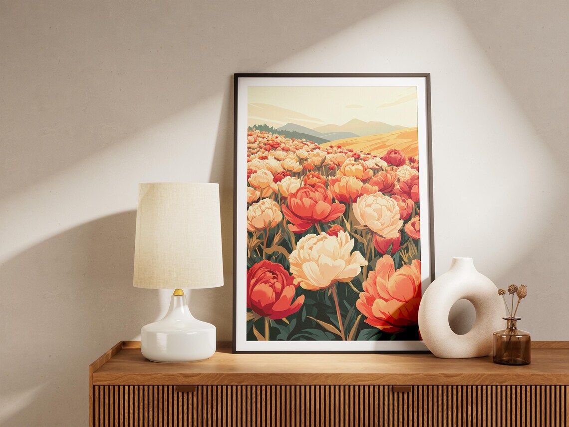 Red Coral Peony Flower Field at Sunrise Rolling Hills Art Poster - Image 5