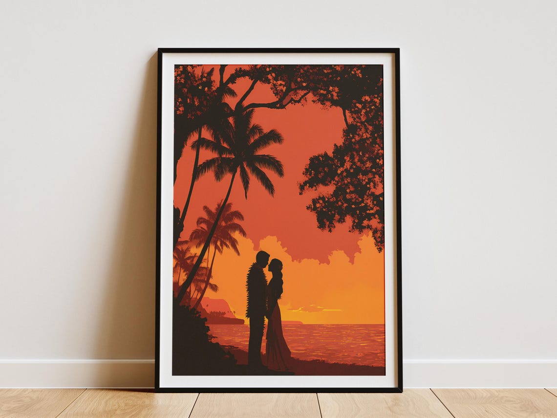 Hawaiian Wedding Sunset Romance Couple Silhouette Palm Tree Poster