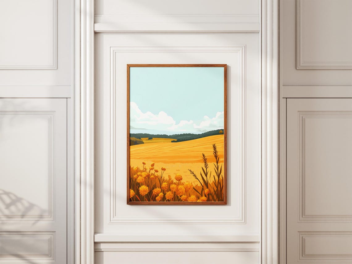 Golden Meadow With Marigold Flowers Poster Rolling Hills Sky - Image 2