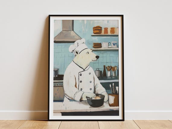 Polar Bear Chef Art Print Kitchen Wall Decor Culinary Animal Poster Gift Funny White Uniform