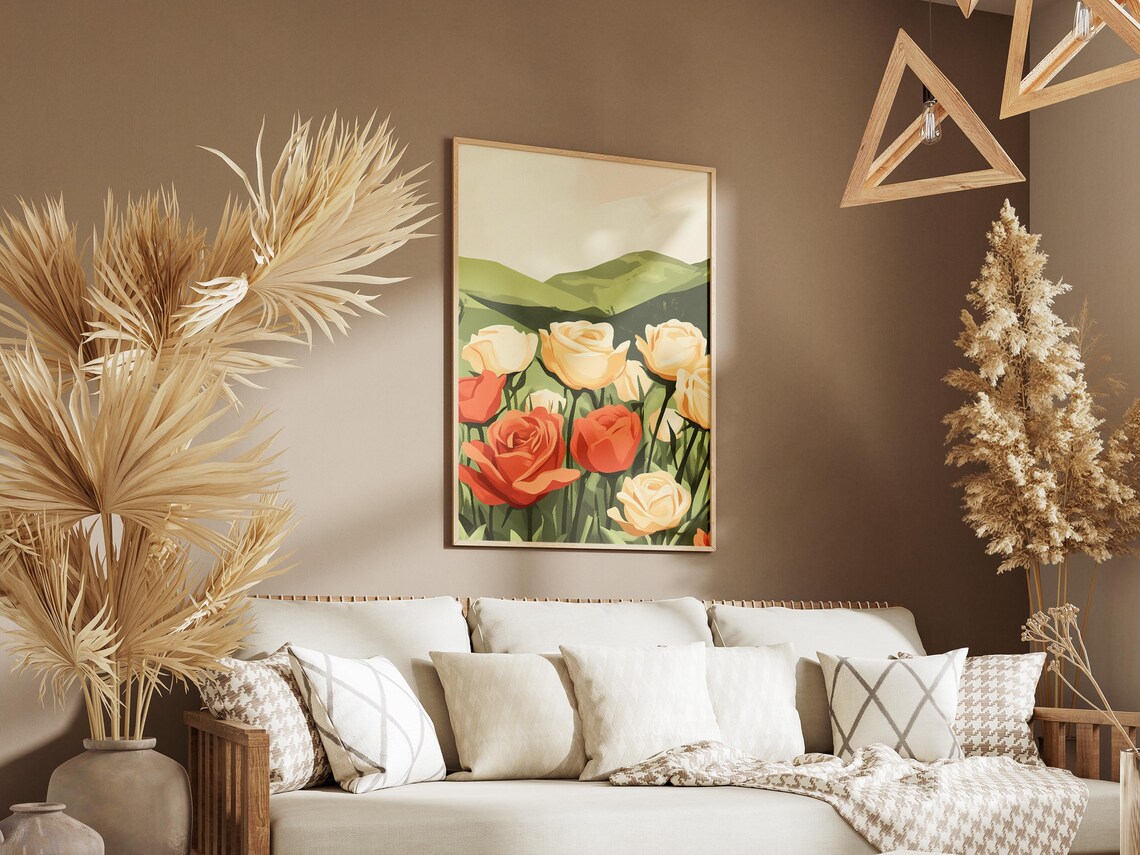 Orange And Cream Roses Over Green Hills Floral Artwork Poster - Image 3