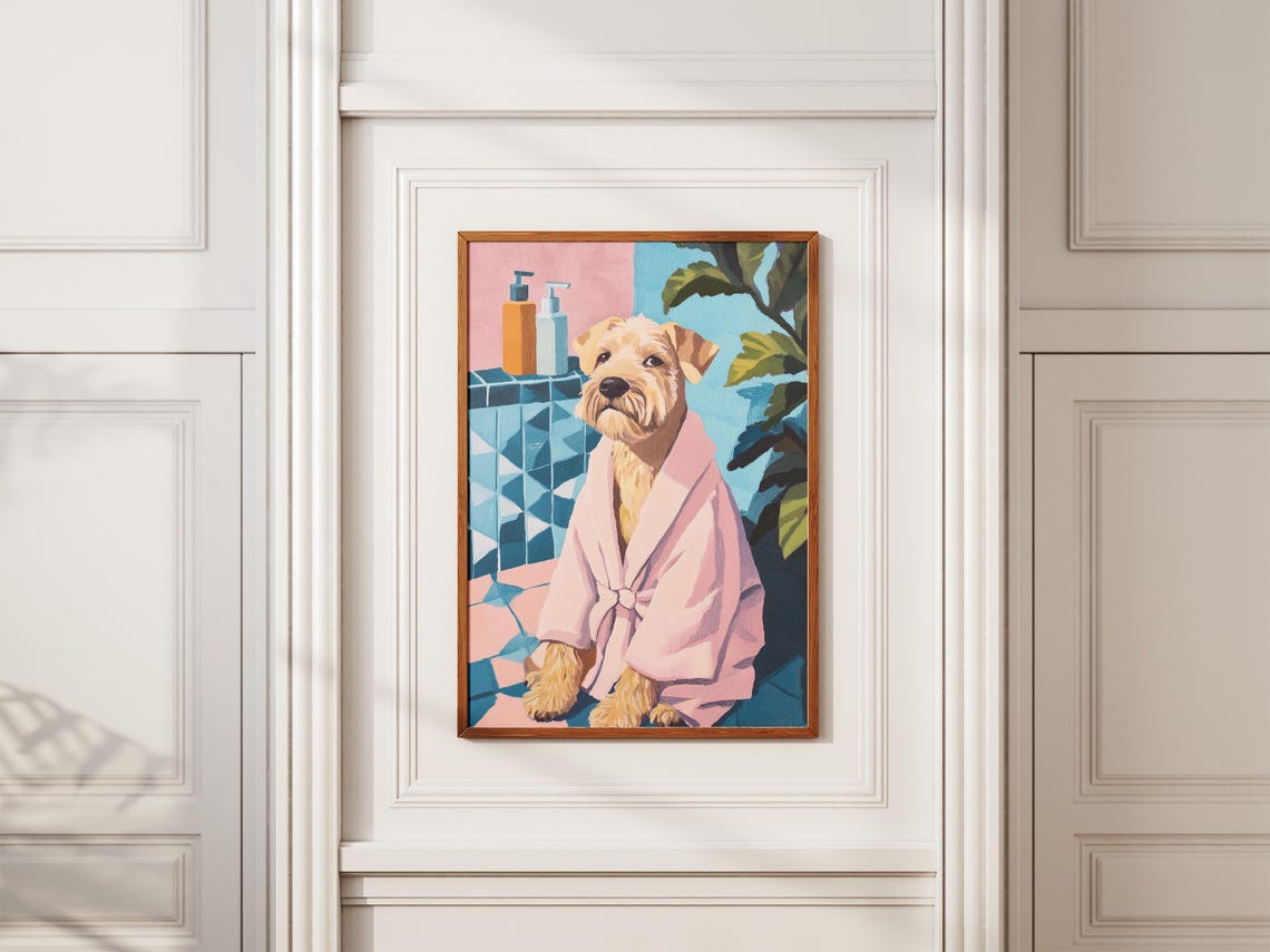 Adorable Wheaten Terrier In Pink Bathrobe Spa Bathroom Poster - Image 2