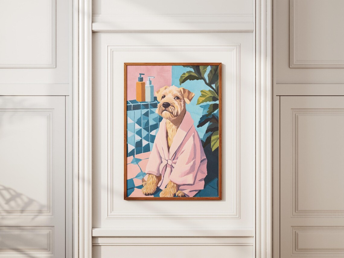 Wheaten Terrier Bathrobe Dog Art Print Dog In Pink Robe Poster Cute Puppy Painting Pet Portrait Modern Dog Illustration Whimsical Canine - Image 2